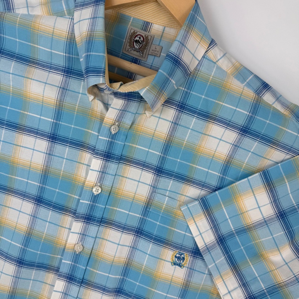 Cinch Mens L Plaid Short Sleeve Button Up Shirt Blue Yellow White Casual Western